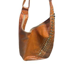 Nordstrom's Studded Tan Leather Shoulder Bag W/Gold Rivet Accents/Zipper-LT3296